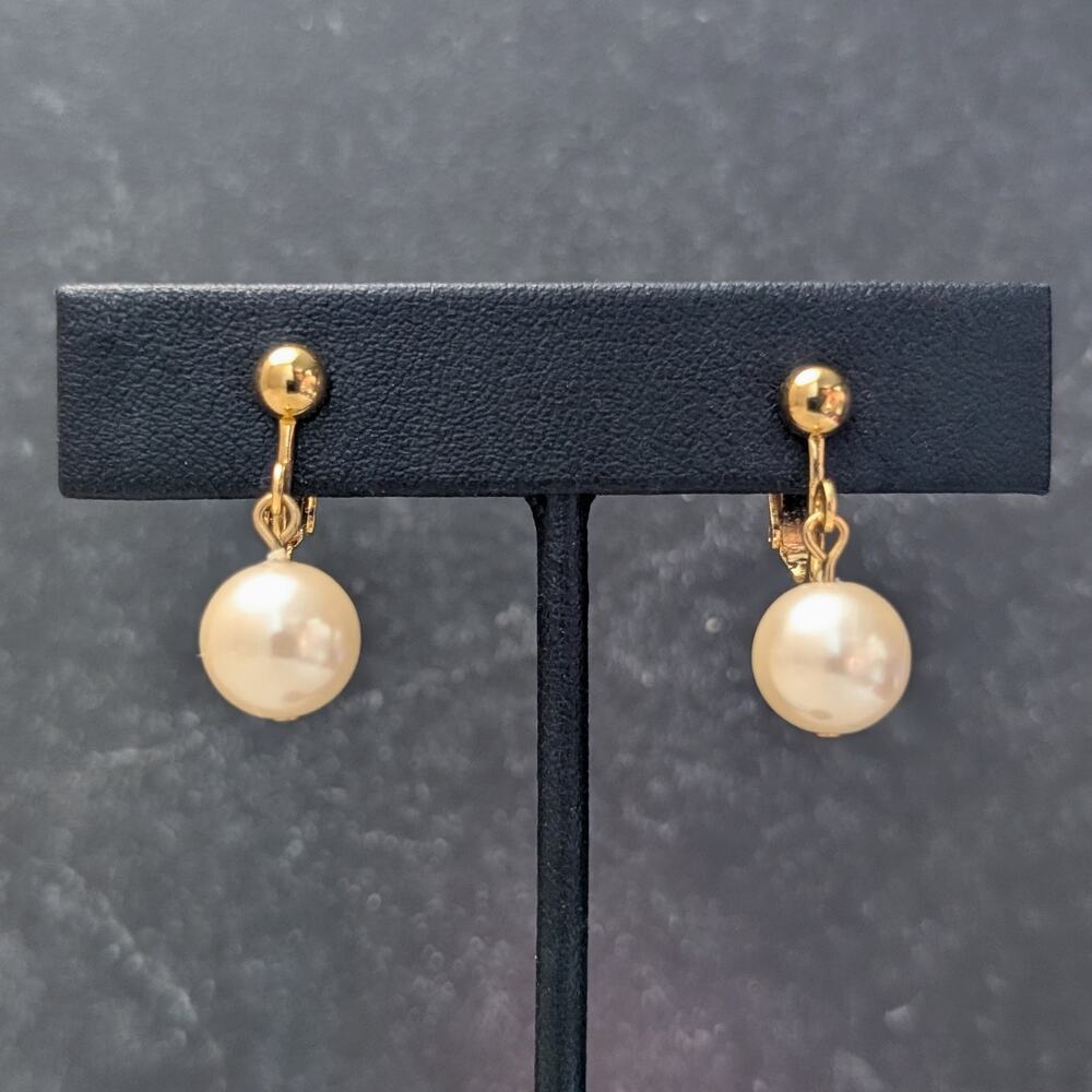 Vintage Clip On Earrings Stylish Glam Faux Pearl and Gold Tone Dangle Drop